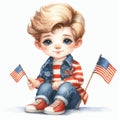 Watercolor Cute little boy with American flag isolated on white background. Royalty Free Stock Photo
